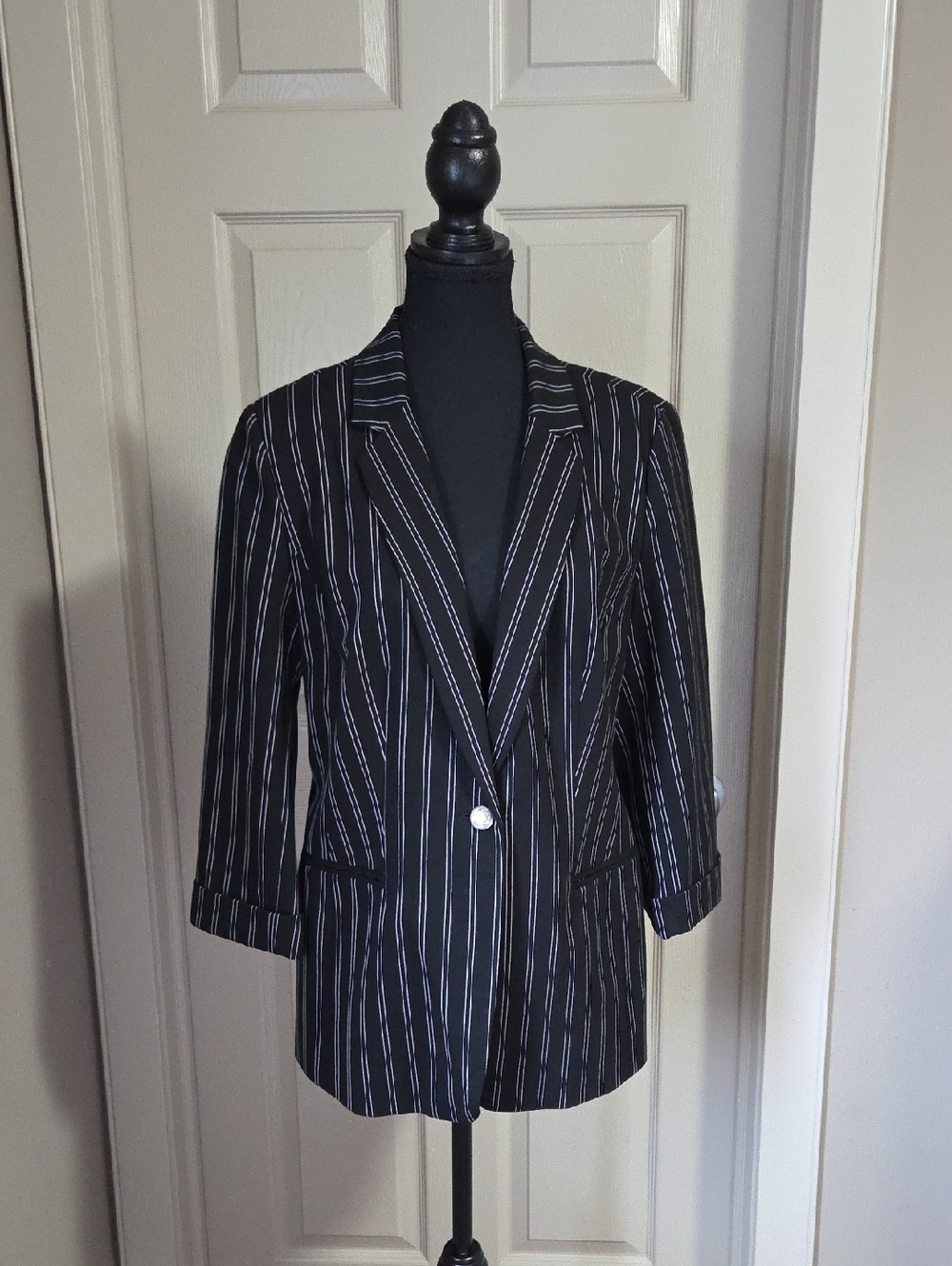 FRIENDS Black Pinstripe Blazer with White Stripes and Silver Button